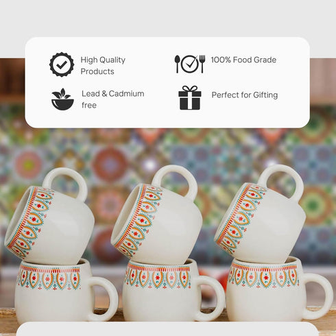 Frill Cream Ovule Ceramic Tea Cup Set of 6, 150ML