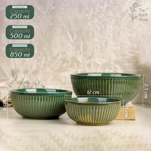 Glam Green Ceramic Bowl Set of 3 Combo Serving Bowl for Snacks, and More
