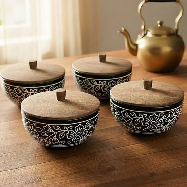 Black Artvine Ceramic Bowl Set with Stand (4 Pcs)