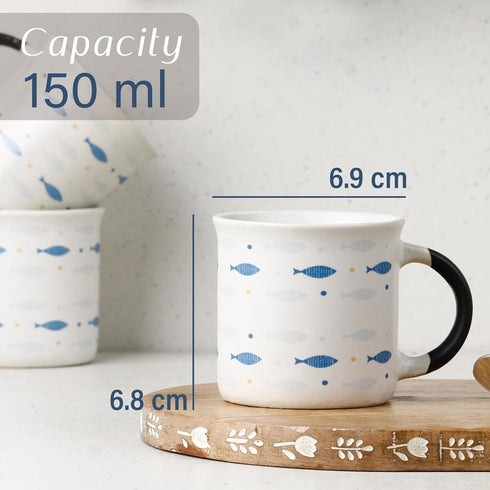 Blue Fish Ceramic Tea Cup Set of 6, 150 ML