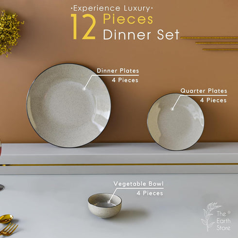 Glossy Grey Marble Ceramic Dinner Set 12 Piece for Family of 4