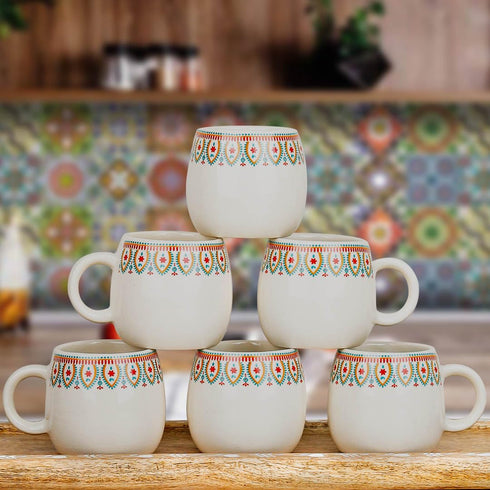 Frill Cream Ovule Ceramic Tea Cup Set of 6, 150ML