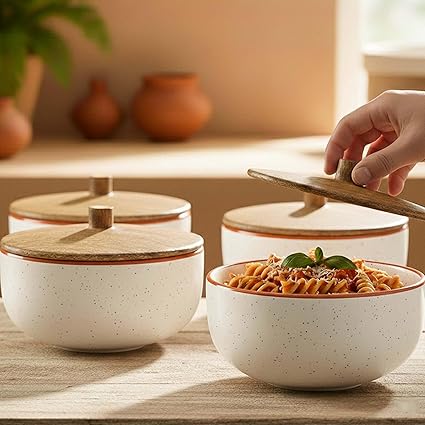 White Marble Ceramic Bowl Set with Wooden Lids (4 Pcs)