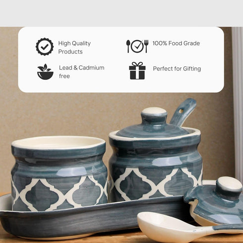 Grey Moroccan Ceramic Pickle Jar with Tray and Spoon - The Earth Store - Multipurpose Jars