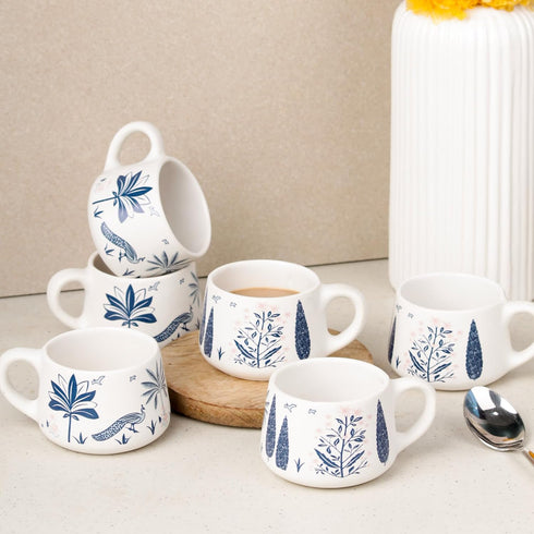 Blue Peafowl Ceramic Cup Set of 6 - The Earth Store - Tea Cups