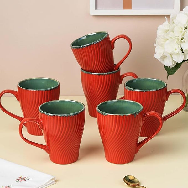 Red Fusion Wave Ceramic Mugs Set of 6