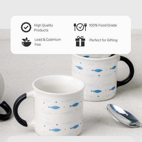 Blue Fish Ceramic Tea Cup Set of 6, 150 ML