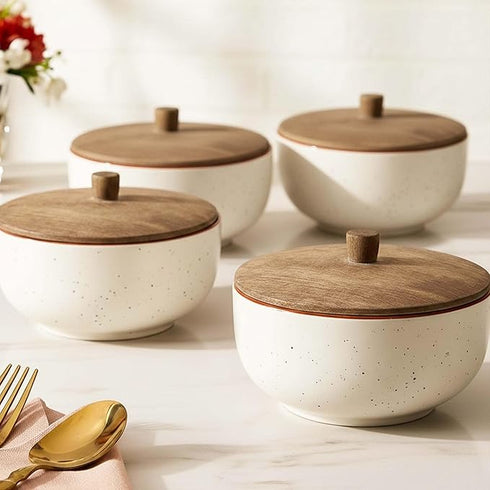 White Marble Ceramic Bowl Set with Wooden Lids (4 Pcs)