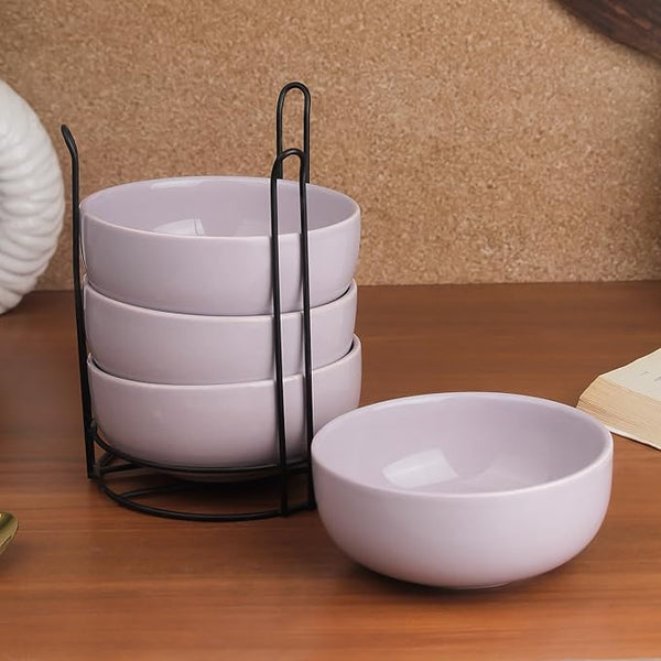 Solid Lavender Ceramic Bowl Set of 4 with Metal Stand