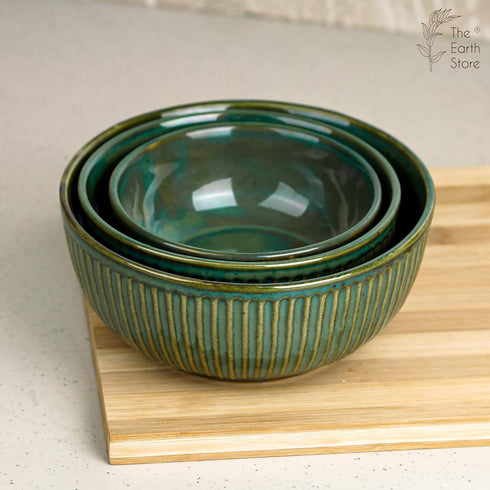 Glam Green Ceramic Bowl Set of 3 Combo Serving Bowl for Snacks, and More