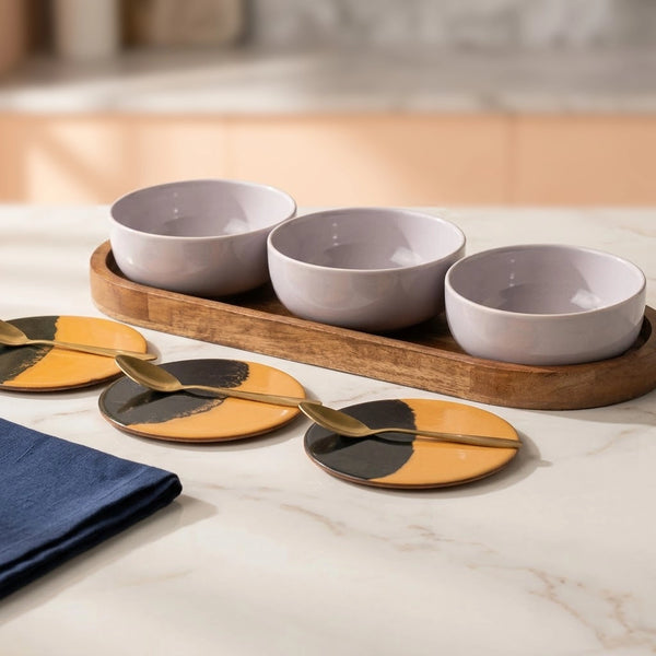 Solid Lavender Ceramic Bowls Serving Set – 3 Bowls, 3 Coaster, 3 Spoon and 1 Tray