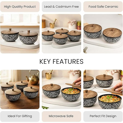 Black Artvine Ceramic Bowl Set with Wooden Lids (4 Pcs)