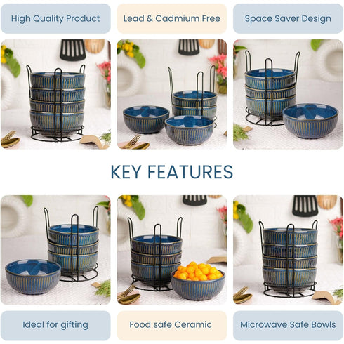 Glam Blue Ceramic Bowl Set of 4 with Stand