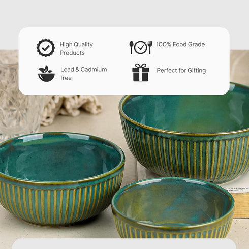 Glam Green Ceramic Bowl Set of 3 Combo Serving Bowl for Snacks, and More