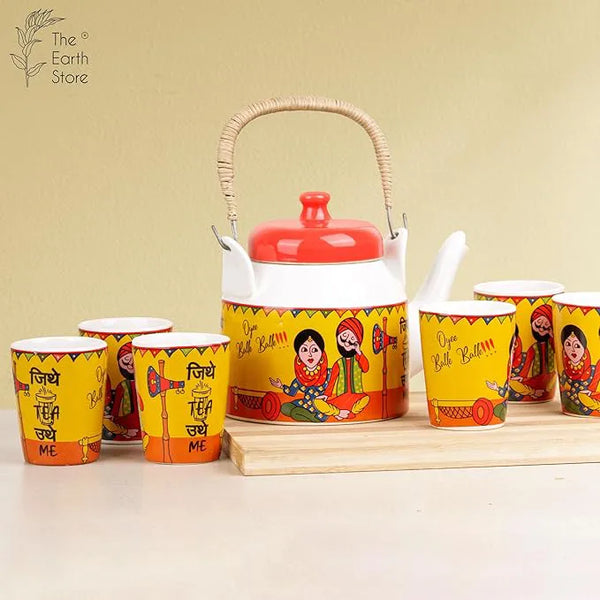 Traditional Punjabi Ceramic Tea Set – “Jitthe Tea Utthe Me” Kettle with 6 Tea Glasses
