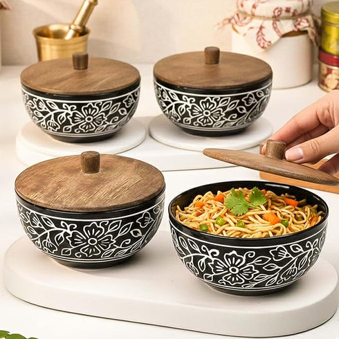 Black Artvine Ceramic Bowl Set with Stand (4 Pcs)