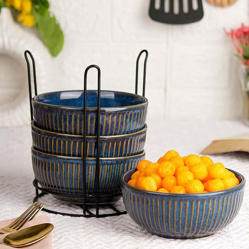 Glam Blue Ceramic Bowl Set of 4 with Stand