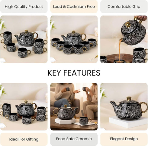 Black Artvine Ceramic Tea Set with Kettle (6 Cups)