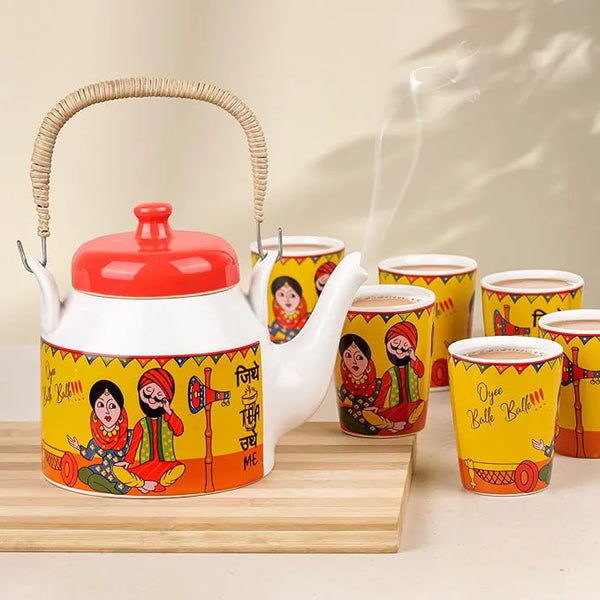 Traditional Punjabi Ceramic Tea Set – “Jitthe Tea Utthe Me” Kettle with 6 Tea Glasses