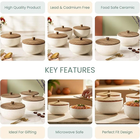White Marble Ceramic Bowl Set with Wooden Lids (4 Pcs)