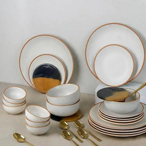 White Matte Brown 30-Piece Ceramic Dinner Set For 6