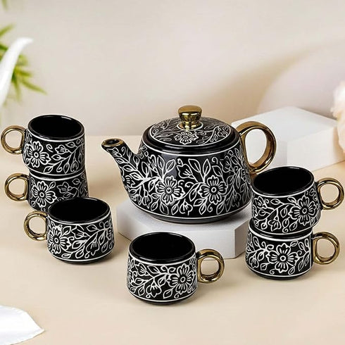 Black Artvine Ceramic Tea Set with Kettle (6 Cups)