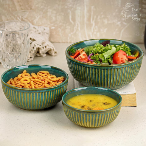 Glam Green Ceramic Bowl Set of 3 Combo Serving Bowl for Snacks, and More