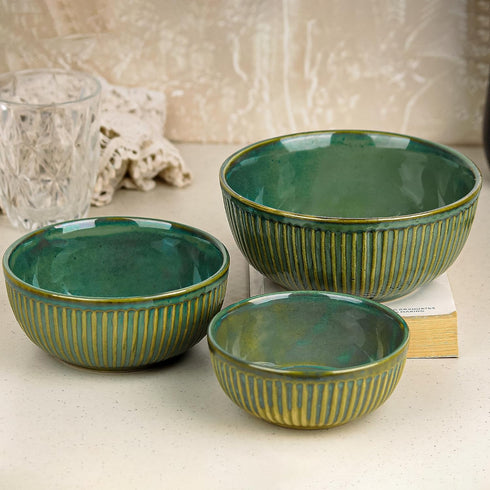 Glam Green Ceramic Bowl Set of 3 Combo Serving Bowl for Snacks, and More
