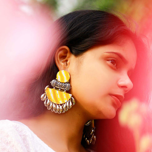 Bandhani Yellow Drop Earrings Dangles - The Earth Store - Fashion Accessories