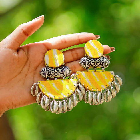 Bandhani Yellow Drop Earrings Dangles - The Earth Store - Fashion Accessories
