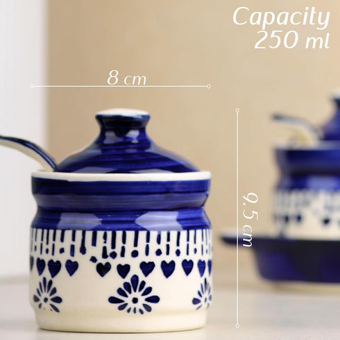 Blue Drape Ceramic Pickle Jar with Tray & Spoon (250 ML Each) - The Earth Store - Multipurpose Jars