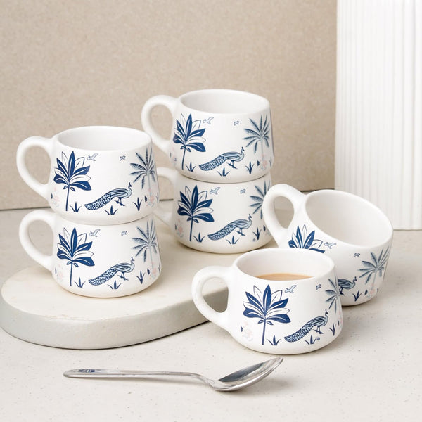 Blue Peafowl Ceramic Cup Set of 6 - The Earth Store - Tea Cups
