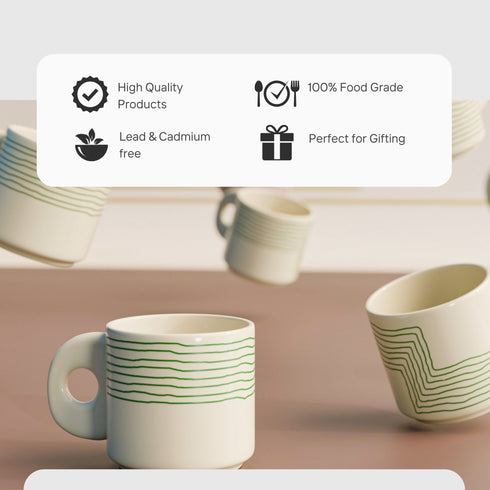 Cream Green Ziggy Ceramic Tea Cup Set of 6, 200 ML Each - The Earth Store - Tea Sets