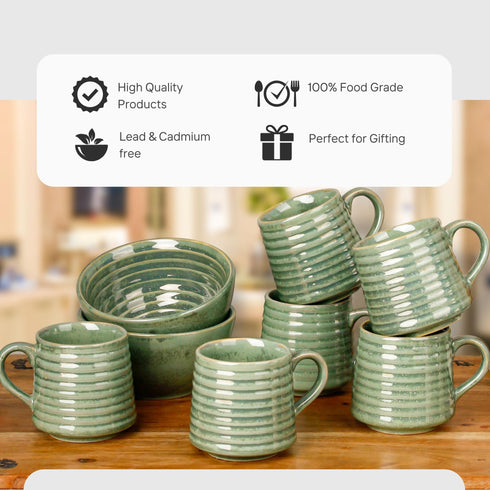 Sage Green Ceramic Bowls and Tea Cup Combo | Microwave and Dishwasher Safe