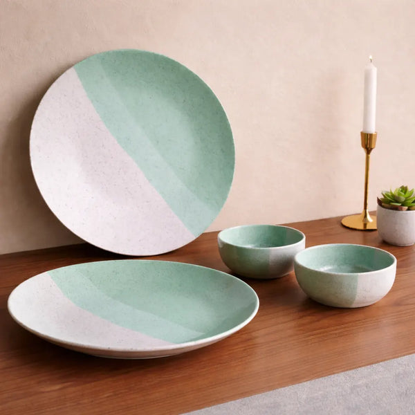 Tritone Green Matte 2 Ceramic Dinner Plate with 2 Serving Bowl