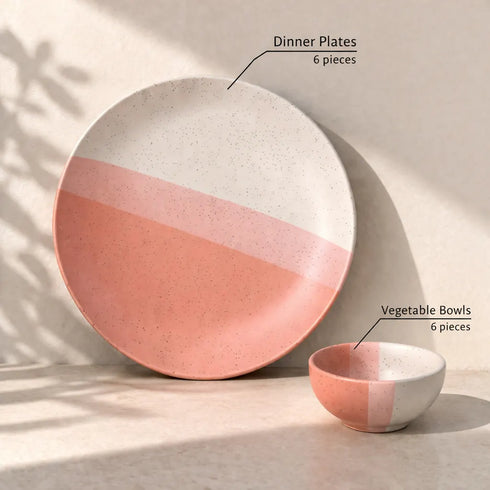 TT Pink Matte Ceramic Dinner Set 12 Piece for Family of 6 Plates and Bowls