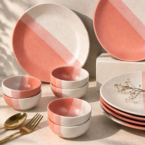 TT Pink Matte Ceramic Dinner Set 12 Piece for Family of 6 Plates and Bowls