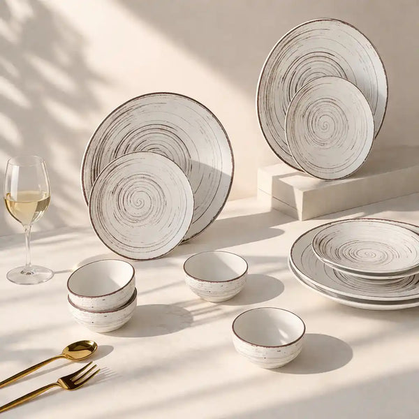 Brown Spiral Ceramic Dinner Set 12 Piece for Family of 4 Plates and Bowls