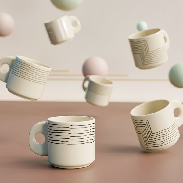 Cream Black Ziggy Ceramic Tea Cup Set of 6, 200 ML Each - The Earth Store - Cup Sets