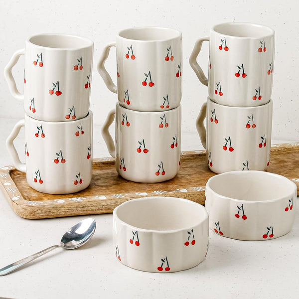 Cream Cherry Ceramic Bowl Set of 2 & Coffee Mug Set of 6