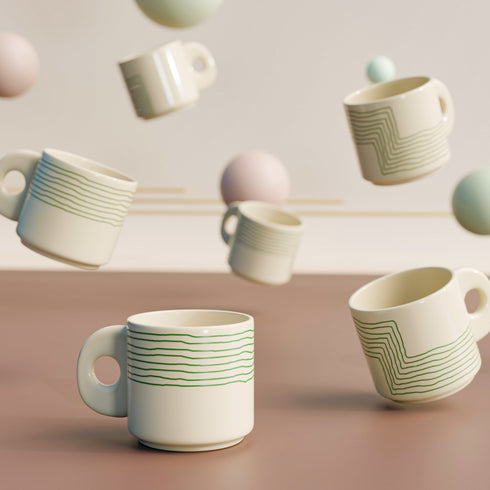 Cream Green Ziggy Ceramic Tea Cup Set of 6, 200 ML Each - The Earth Store - Tea Sets