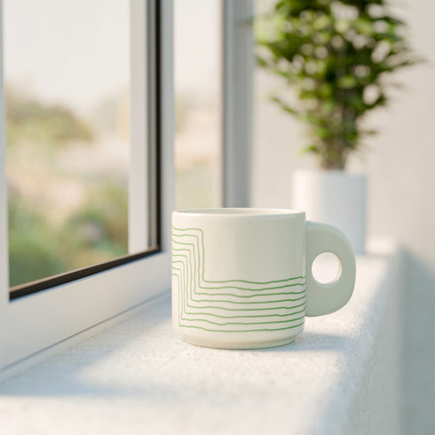 Cream Green Ziggy Ceramic Tea Cup Set of 6, 200 ML Each - The Earth Store - Tea Sets