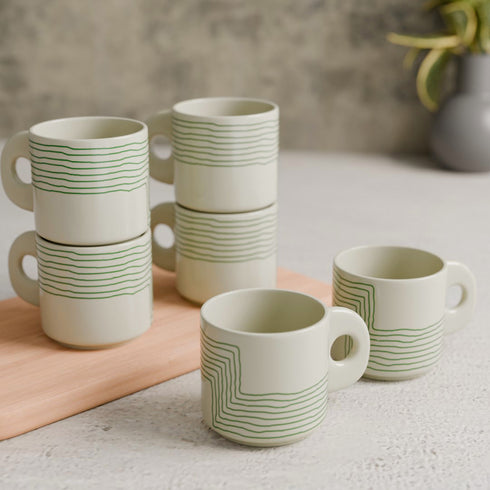 Cream Green Ziggy Ceramic Tea Cup Set of 6, 200 ML Each - The Earth Store - Tea Sets