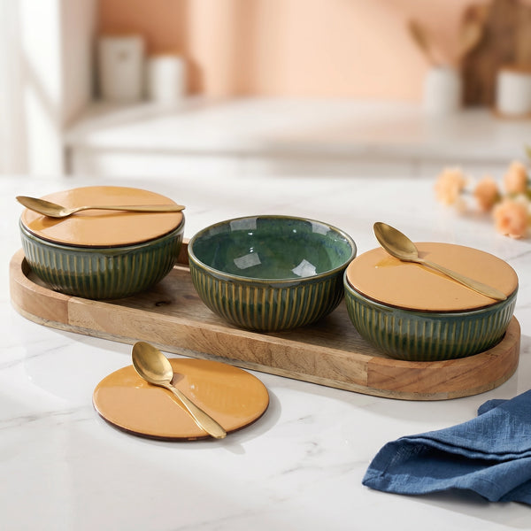 Glam Green Ceramic Bowl Serving Set 3 Bowls, 1 Tray, 3 Spoon and 3 Coaster