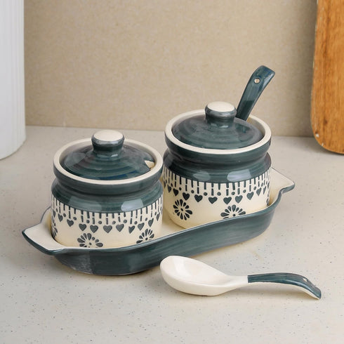 Grey Drape Ceramic Pickle Jar with Tray and Spoon 250ML - The Earth Store - Multipurpose Jars