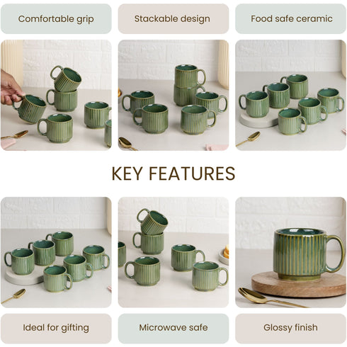 The Earth Store Glam Green Fringe Stackable Ceramic Tea Cup Set of 6, 160 ML Microwave and Dishwasher Safe