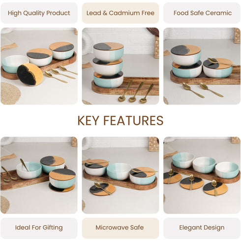 TT Green Matte Ceramic Bowl Serving Set 3 Bowls, 1 Tray, 3 Spoon and 3 Coaster