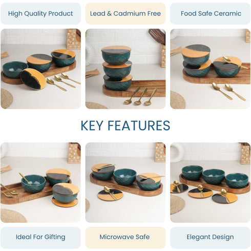 Teal Diamond Ceramic Bowl Serving Set 3 Bowls, 1 Tray, 3 Spoon and 3 Coaster