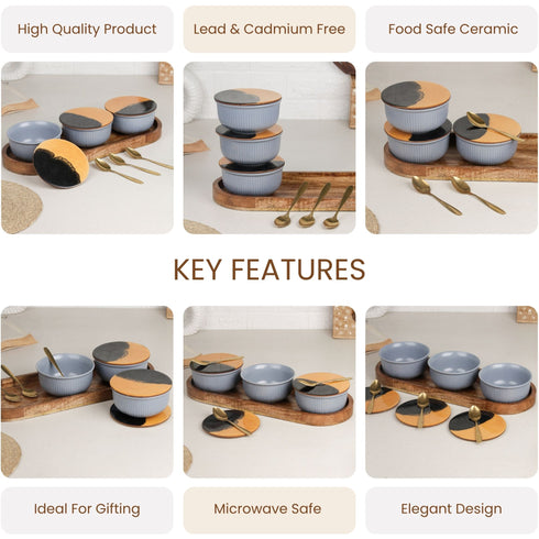 Grey Fringe Ceramic Bowl Serving Set 3 Bowls, 1 Tray, 3 Spoon and 3 Coaster