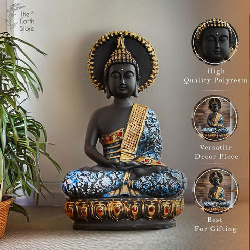 Majestic Meditating Buddha Statue Black Blue - The Earth Store - home decor